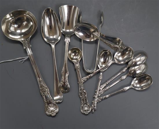 Victorian Queens pattern sauce ladle, 5 apostle spoons, silver mustard ladle, 3 spoons including a Japanese sterling pusher & a pair...